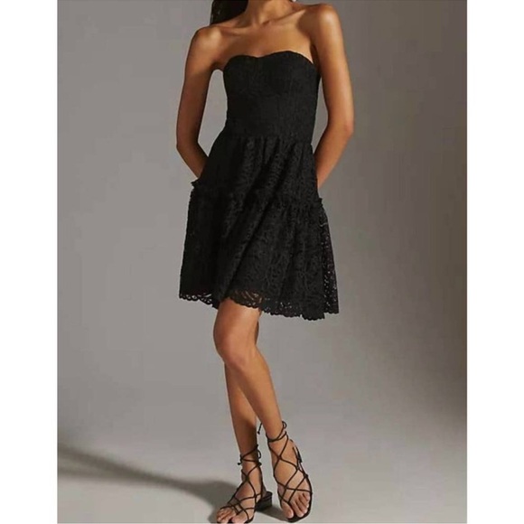 NWT Eva Franco Black Strapless Floral Lace Mini Dress, Ruffle Detail, Formal, 12 - Picture 16 of 16